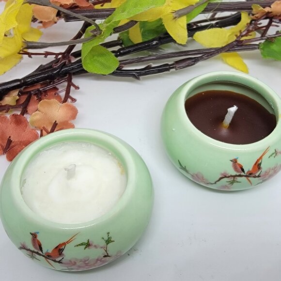 Two Tiny Asian Floral Candle Jars in Light Green and Floral Scented - NEW - Picture 4 of 4